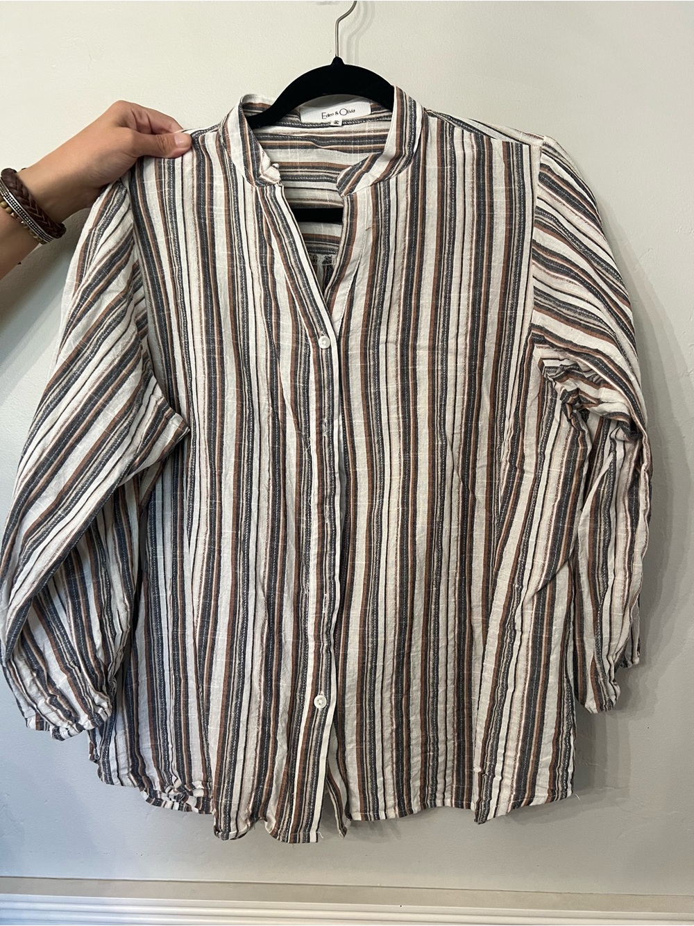 Eden & Olivia Cream, Brown & Black Striped Casual Button-Down